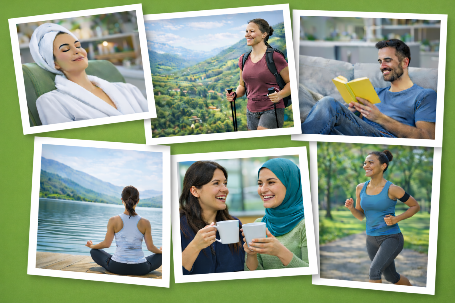 Collage aus Bildern, auf denen entspannende Beschäftigungen gezeigt werden