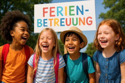 Vier lachende Kinder und eine Schild mit der Aufschrift Ferienbetreuung