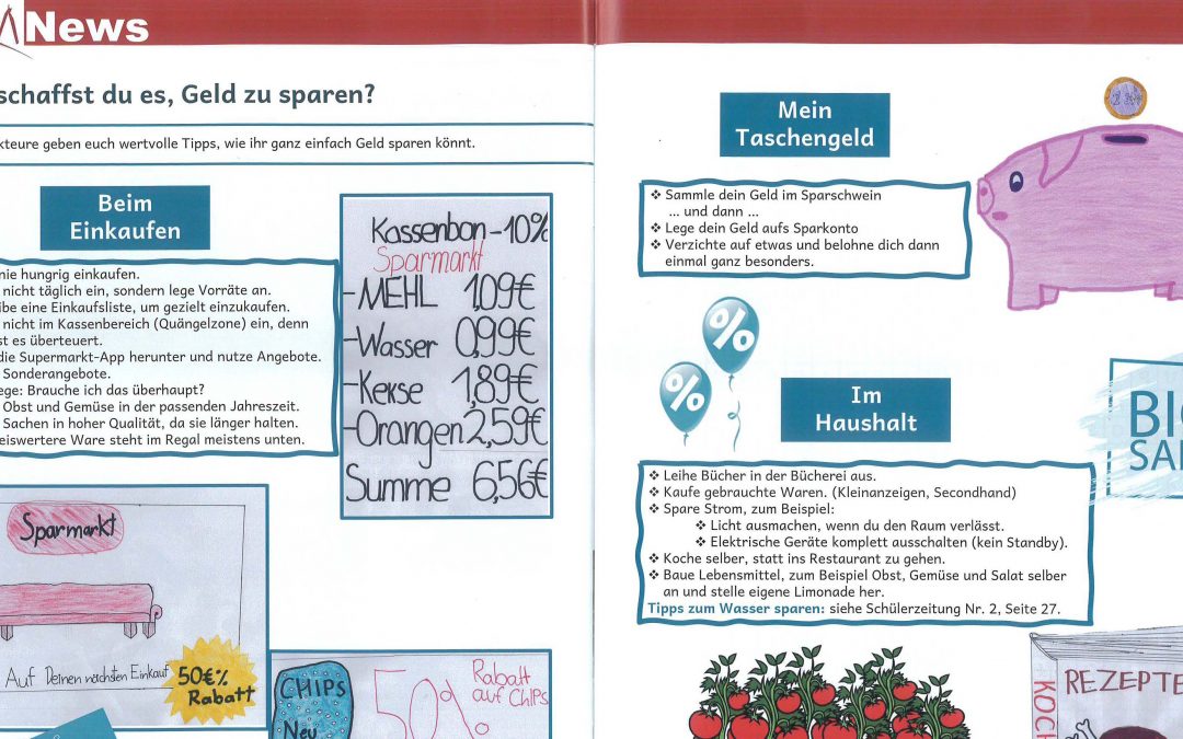 Gestaltete Seiten aus der Schülerzeitung mit Geldspartipps