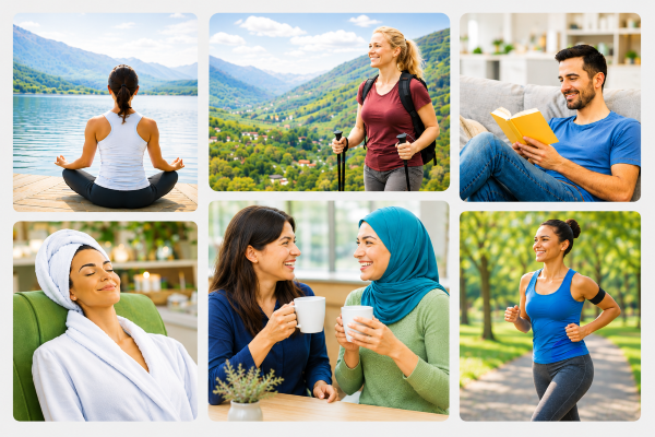 Collage aus Bildern, auf denen entspannende Beschäftigungen gezeigt werden